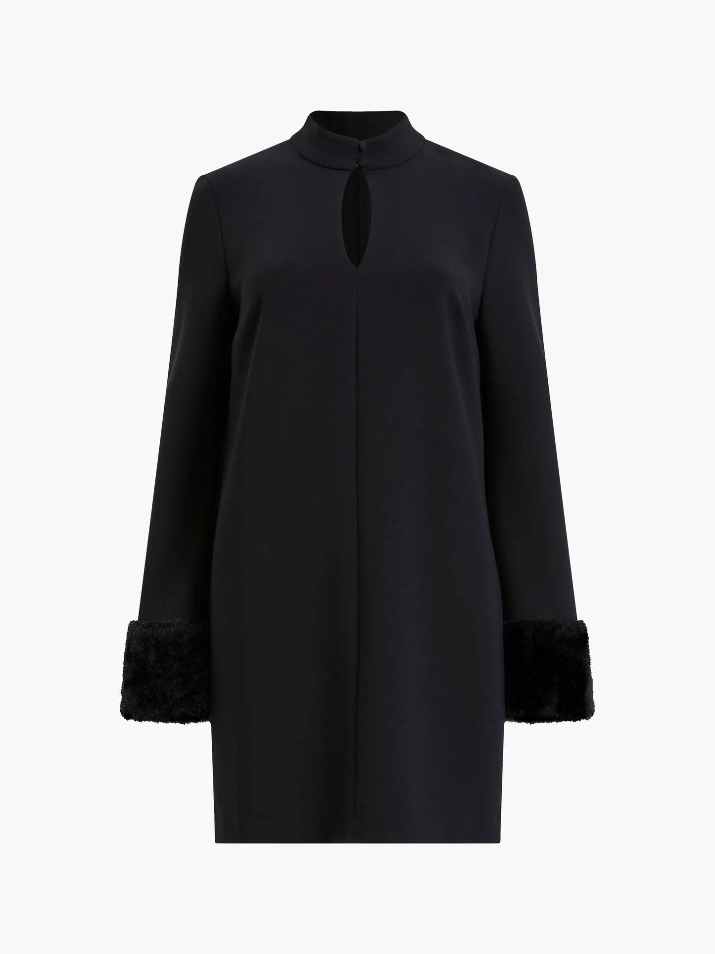 Black High-Neck Faux Fur Cuff Dress