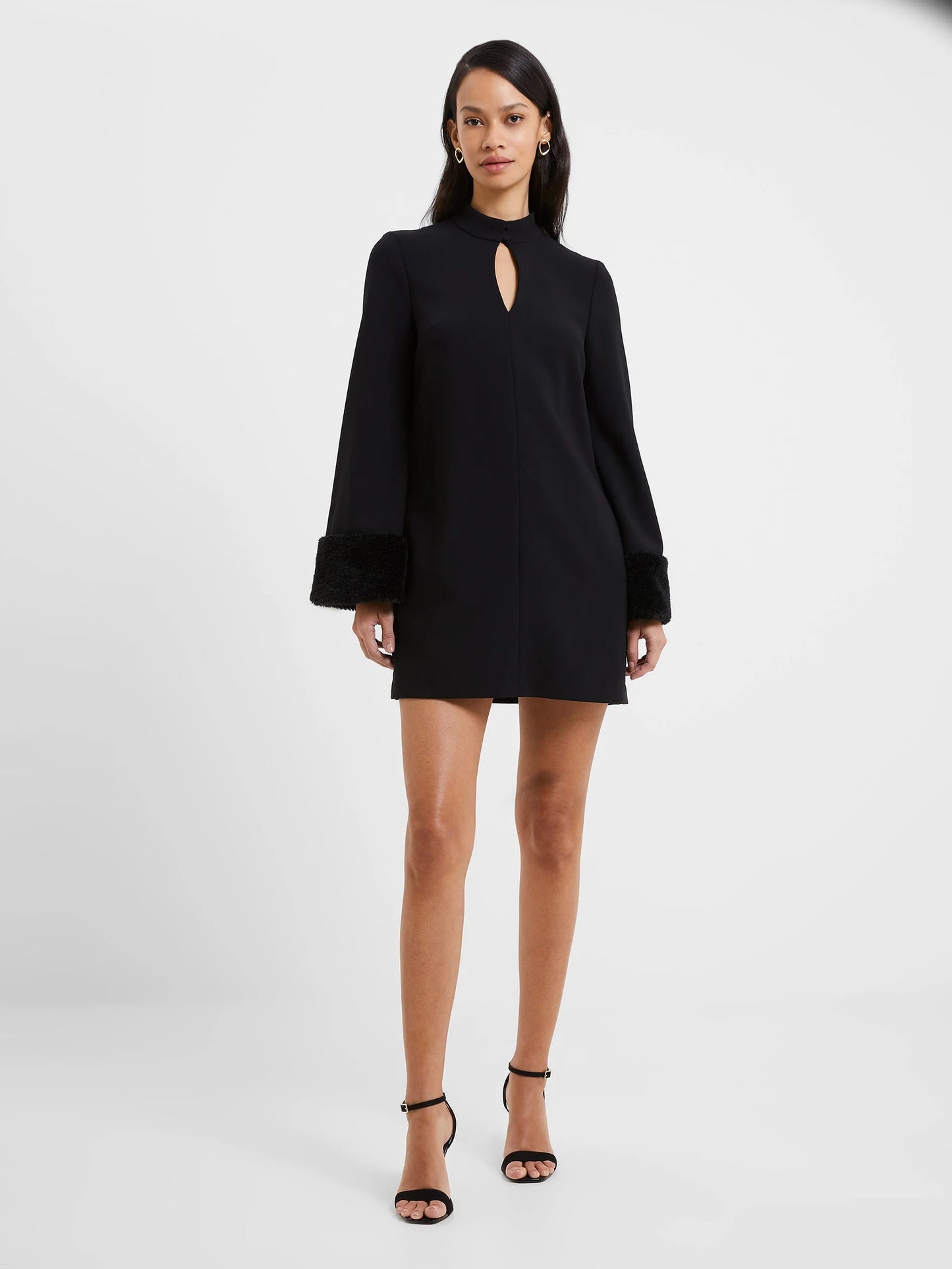 Black High-Neck Faux Fur Cuff Dress