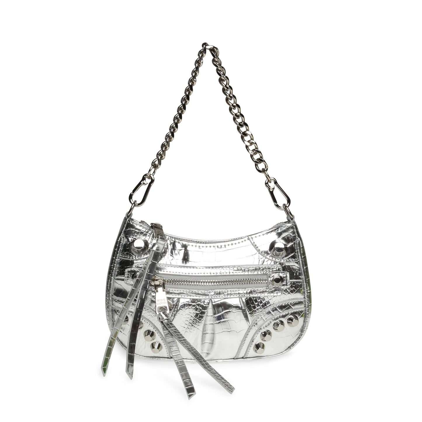 Silver Metallic Croc-Embossed Shoulder Bag
