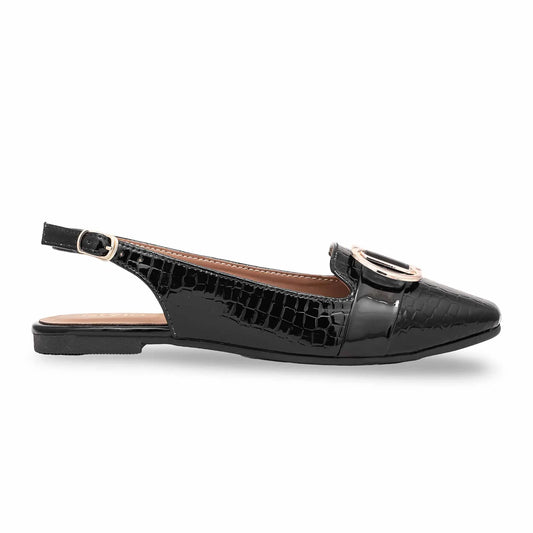 Black Croc-Embossed Slingback Flats