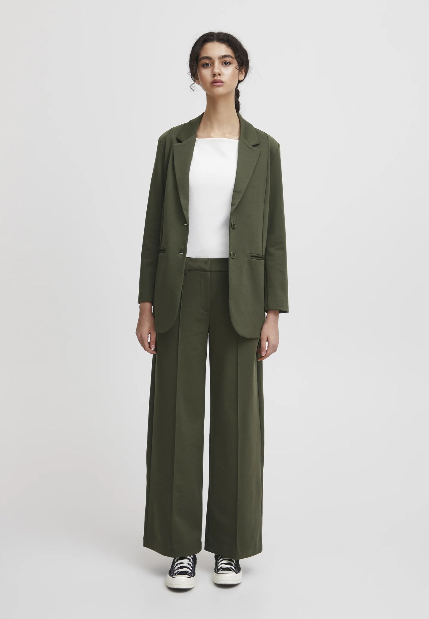 Olive Wide-Leg Tailored Trousers