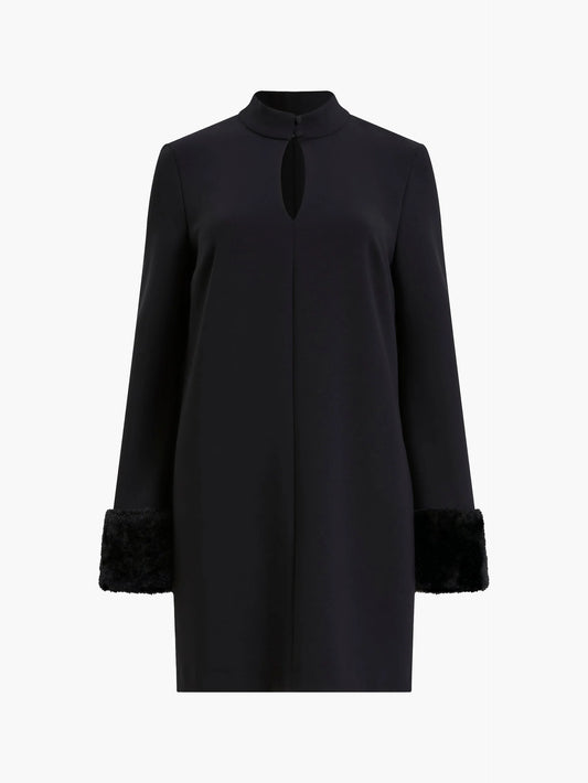 Black High-Neck Faux Fur Cuff Dress