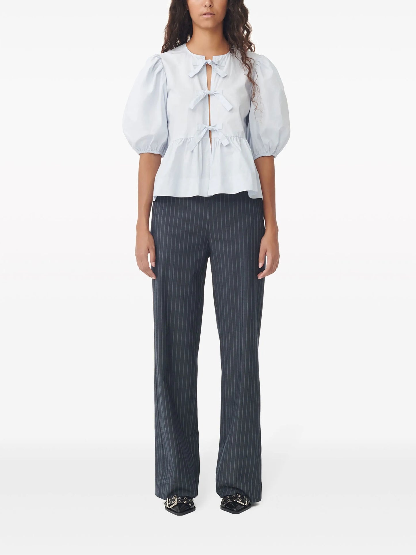 Grey Pinstripe Wide-Leg Trousers