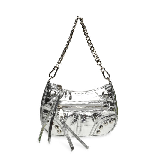 Silver Metallic Croc-Embossed Shoulder Bag