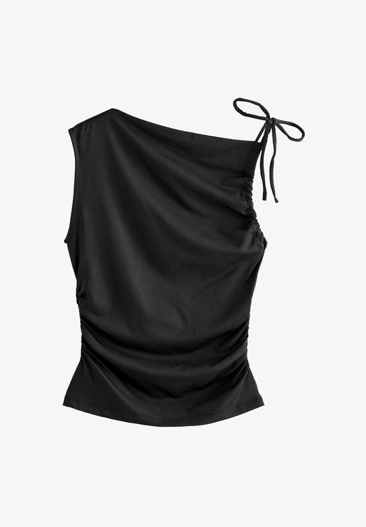 Asymmetrical Black Ruched Top